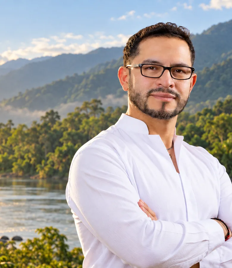 Fernando Orihuela junto a un río de la Selva Central
