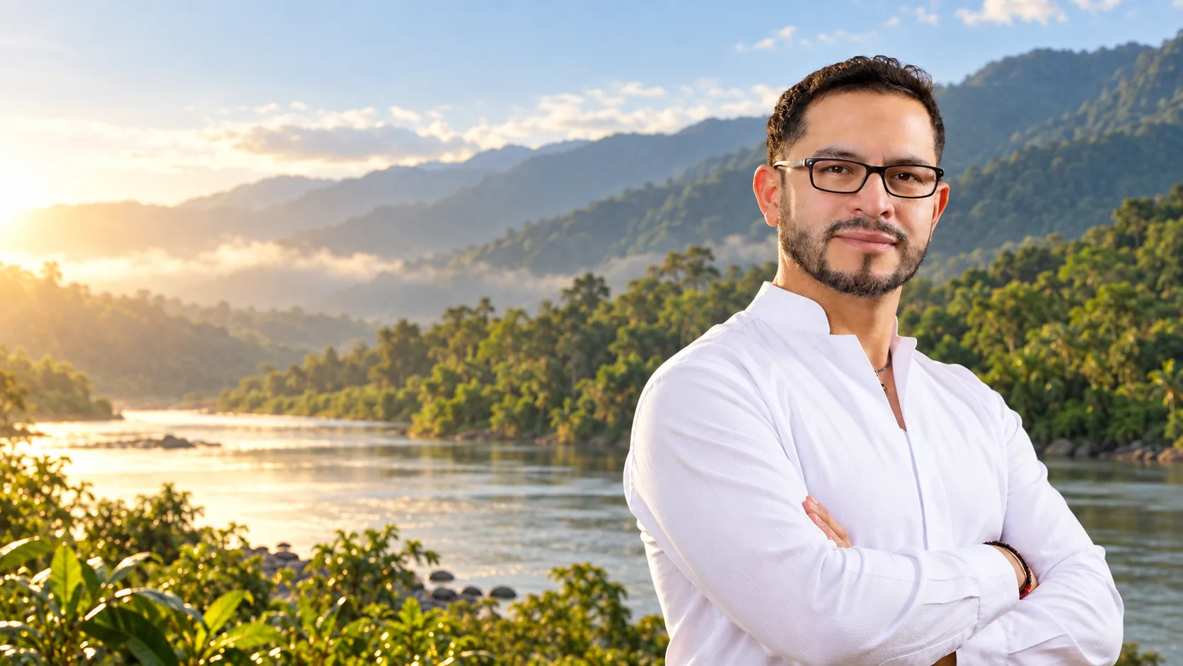 Fernando Orihuela frente a un río y la selva de Junín, Selva Central: Satipo y Chanchamayo