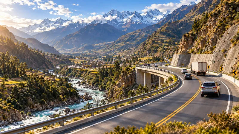 Imagen conceptual generada con IA: Una carretera conceptual moderna de doble sentido atravesando montañas, con un puente y un túnel.