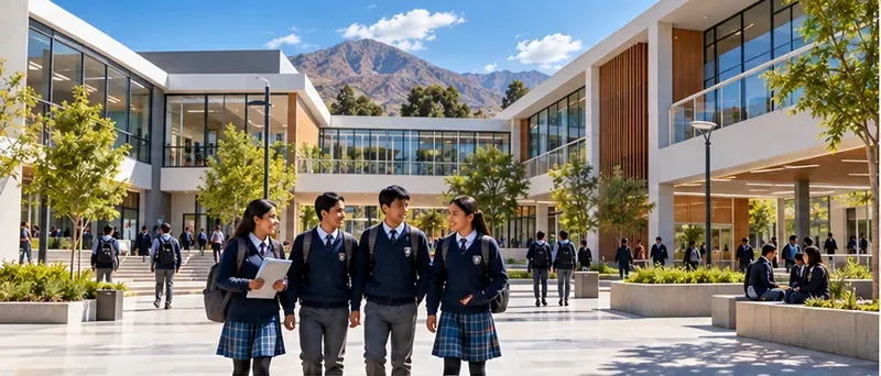 Imagen conceptual generada con IA: estudiantes en un colegio moderno con arquitectura contemporánea.