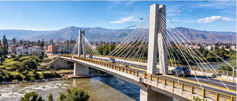 Imagen conceptual generada con IA: puente moderno sobre un río con paisaje andino.