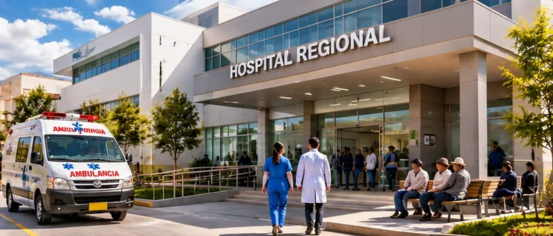 Imagen conceptual generada con IA: edificio hospitalario moderno con una ambulancia y personal de salud; no representa el Hospital San Martín de Pangoa ni una instalación existente.