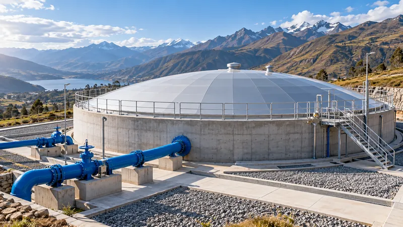 Imagen conceptual generada con IA: Reservorio conceptual de agua potable completamente cubierto, con infraestructura hidráulica.