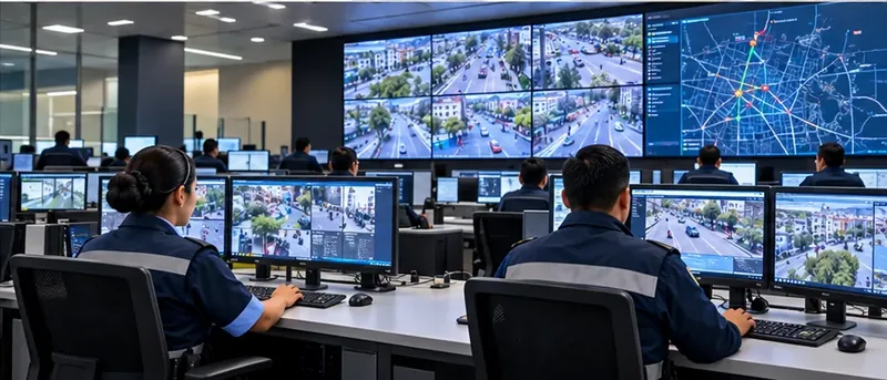 Imagen conceptual generada con IA: sala de monitoreo tipo C4/C5 con pantallas de videovigilancia; no representa una instalación operativa real.